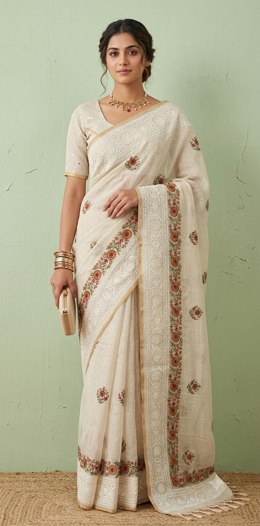 Tissue linen saree chikankari and multi color thread border with BP