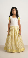 4-5 yr Kerala Gold Kasavu Tissue line Skirt with off white silk crop top