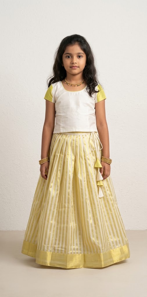4-5 yr Kerala Gold Kasavu Tissue line Skirt with off white silk crop top