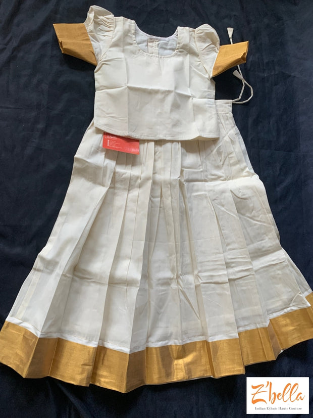 6-7 Yr Kerala Gold Kasavu Skirt With Off White Crop Top Girl Kids Set