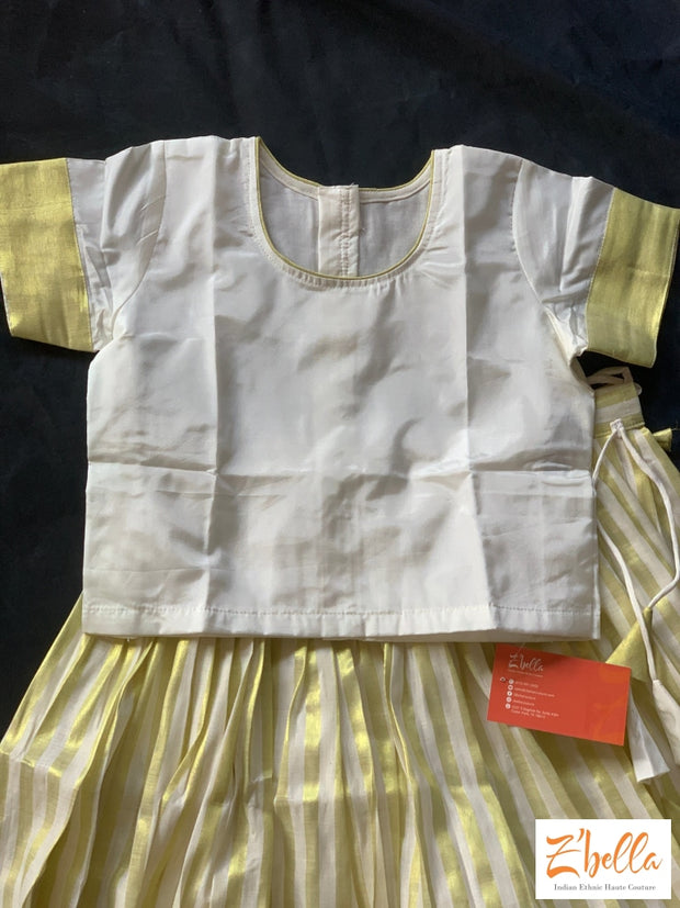 6-7 Yr Kerala Gold Kasavu Tissue Line Skirt With Off White Silk Crop Top Girl Kids Set