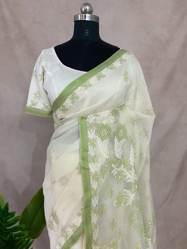 Chikankari hand work in kotta silk, with stitched blouse