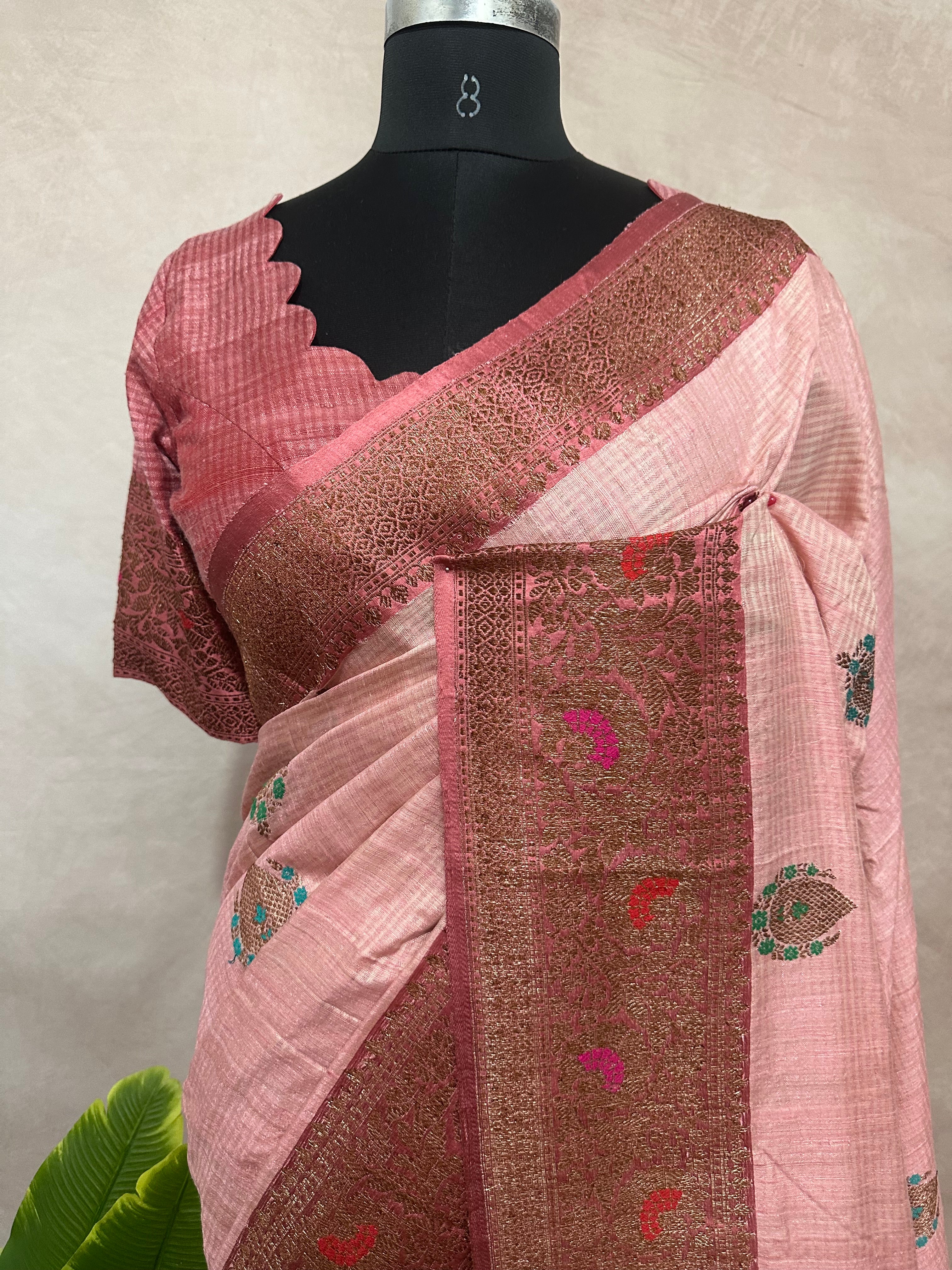 Light pink dupion silk saree with meenakari weave and stitched blouse