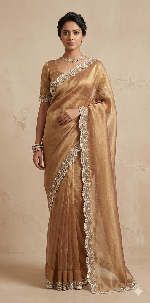 Tissue designer saree with stitched blouse and under skirt