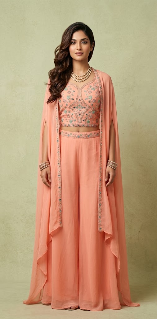 Peach embroidered crop top with flared palazo and shrug