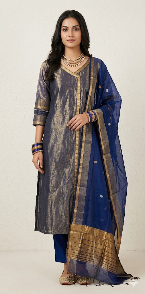 Maheshwari tissue cotton kurti with bottom and dupatta