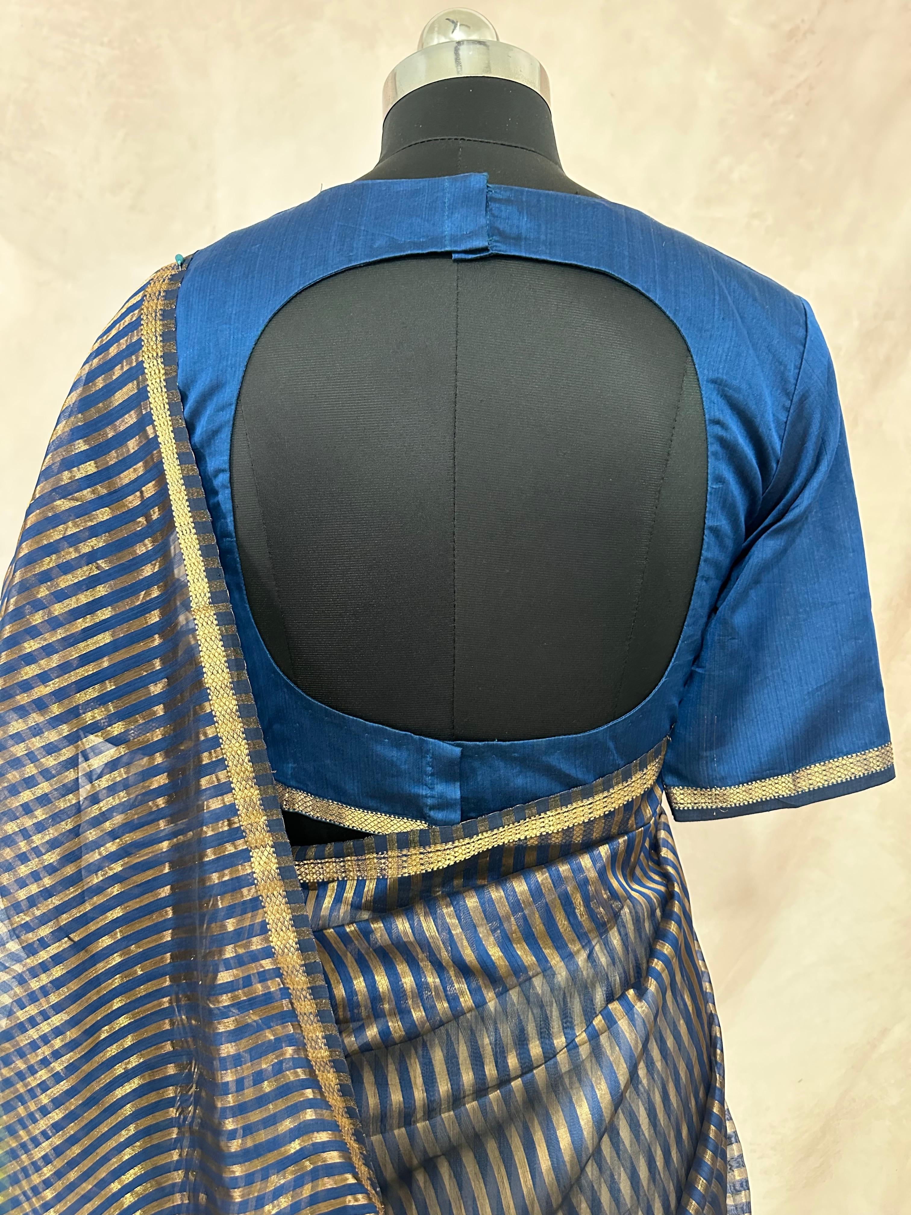 Maheshwari tissue silk saree with stripe and stitched blouse