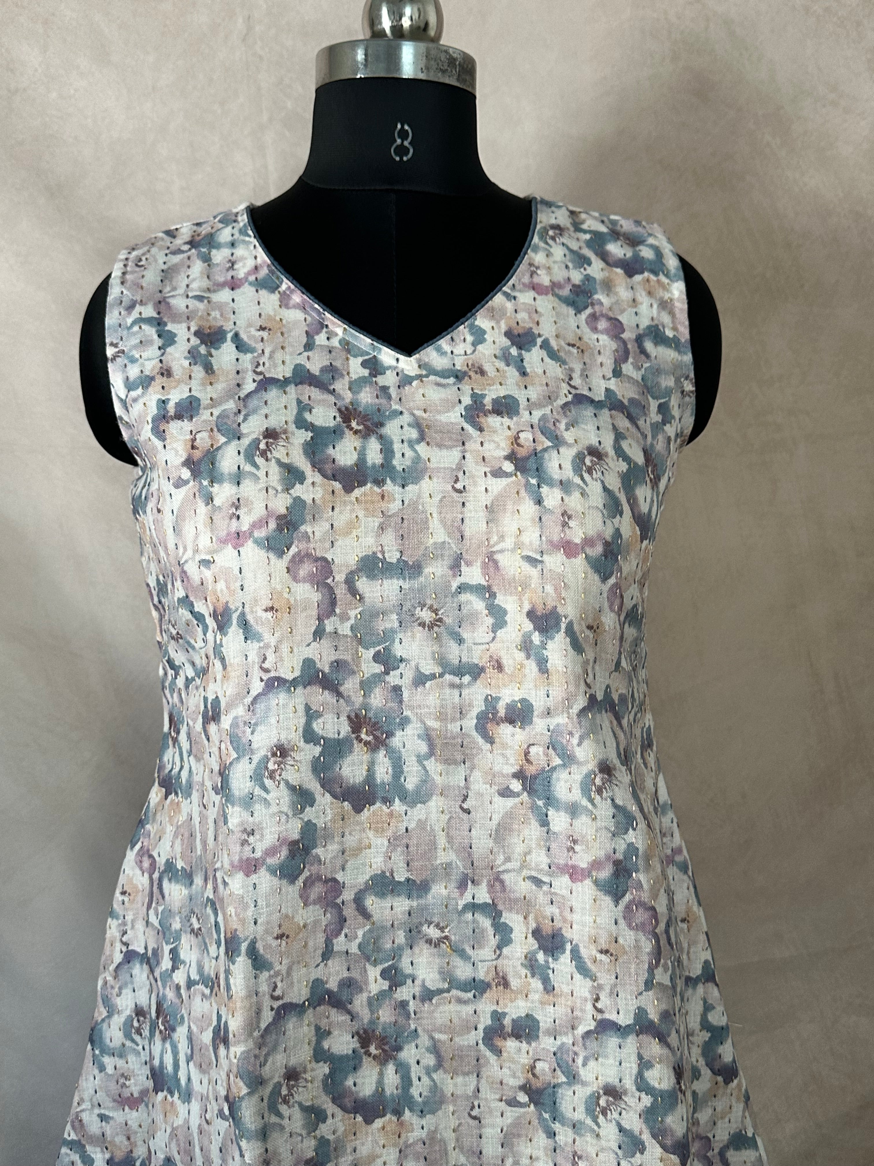 Off white printed linen dress