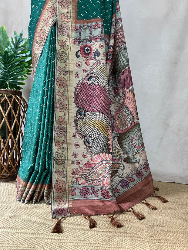 Semi tussar silk bandini and kalamkari print saree, with BP