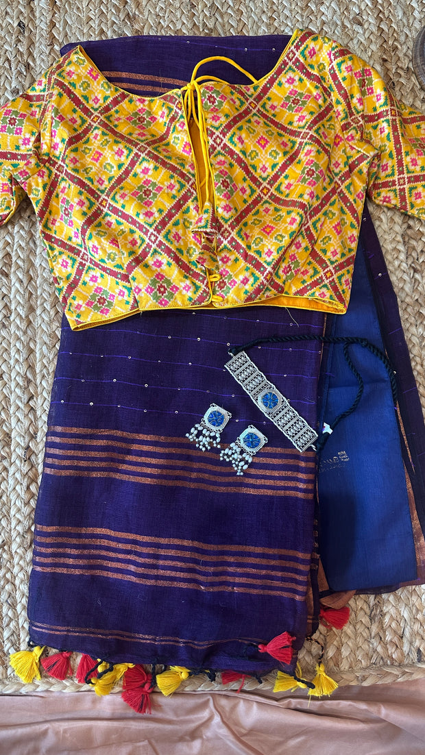 Handloom linen saree with sequins weave