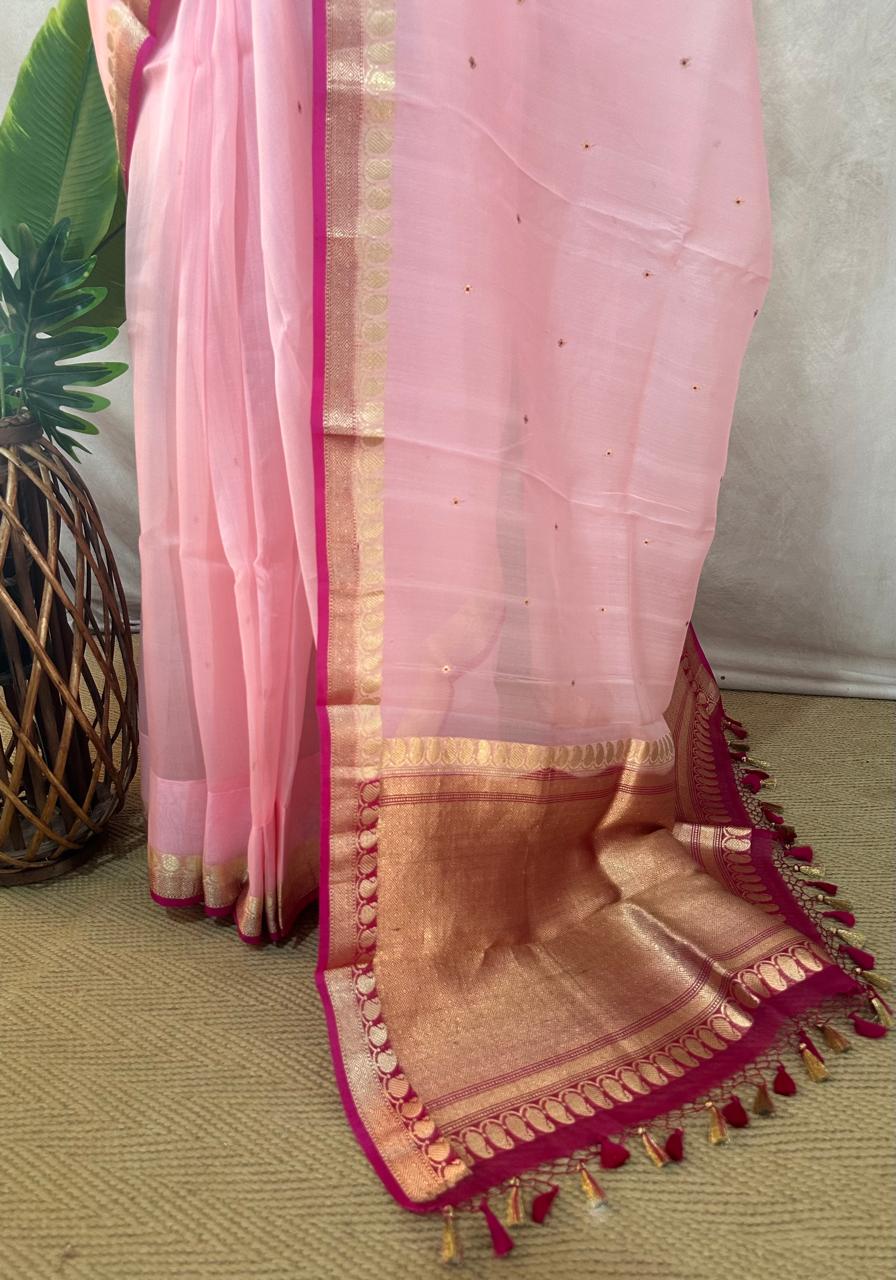 Kora silk saree with small border and stitched blouse and under skirt
