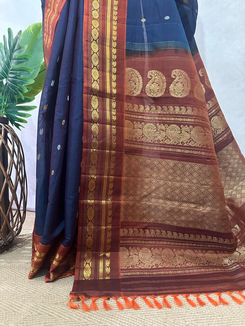 Handloom pure silk cotton peacock blue gadwal silk saree with stitched blouse