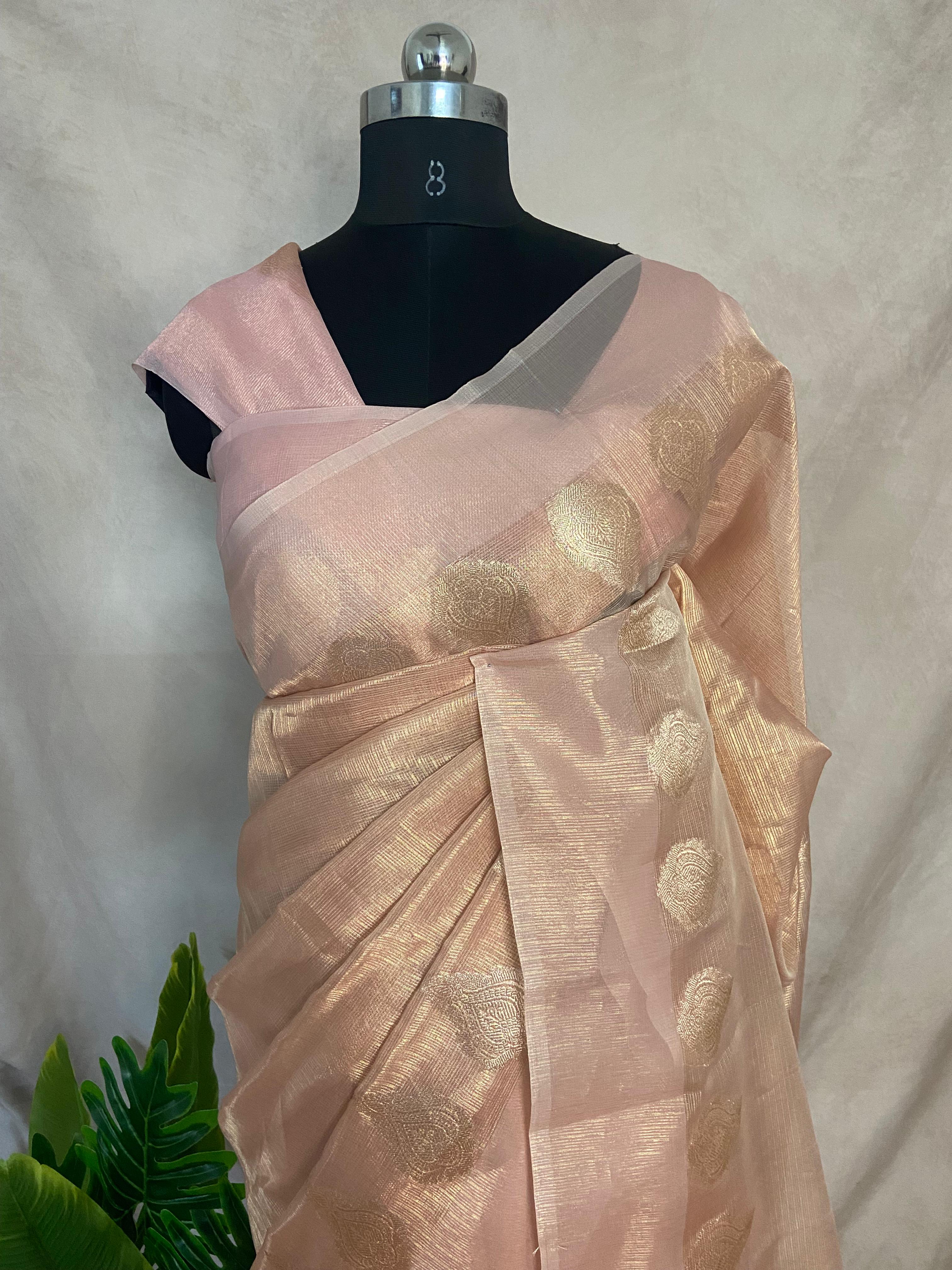 Light Peach Banarasi tissue cotton saree with BP