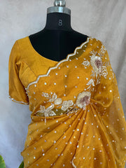 Orange Organza silk saree with 3D embroidery , with stitched blouse