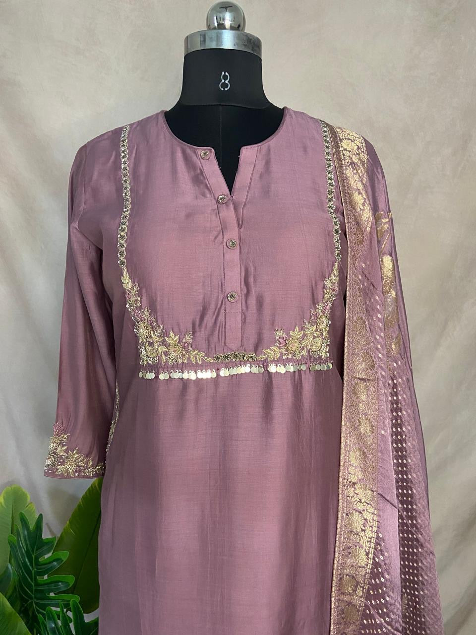 Lilac chanderi silk kurti with handwork, bottom and banarsi dupatta