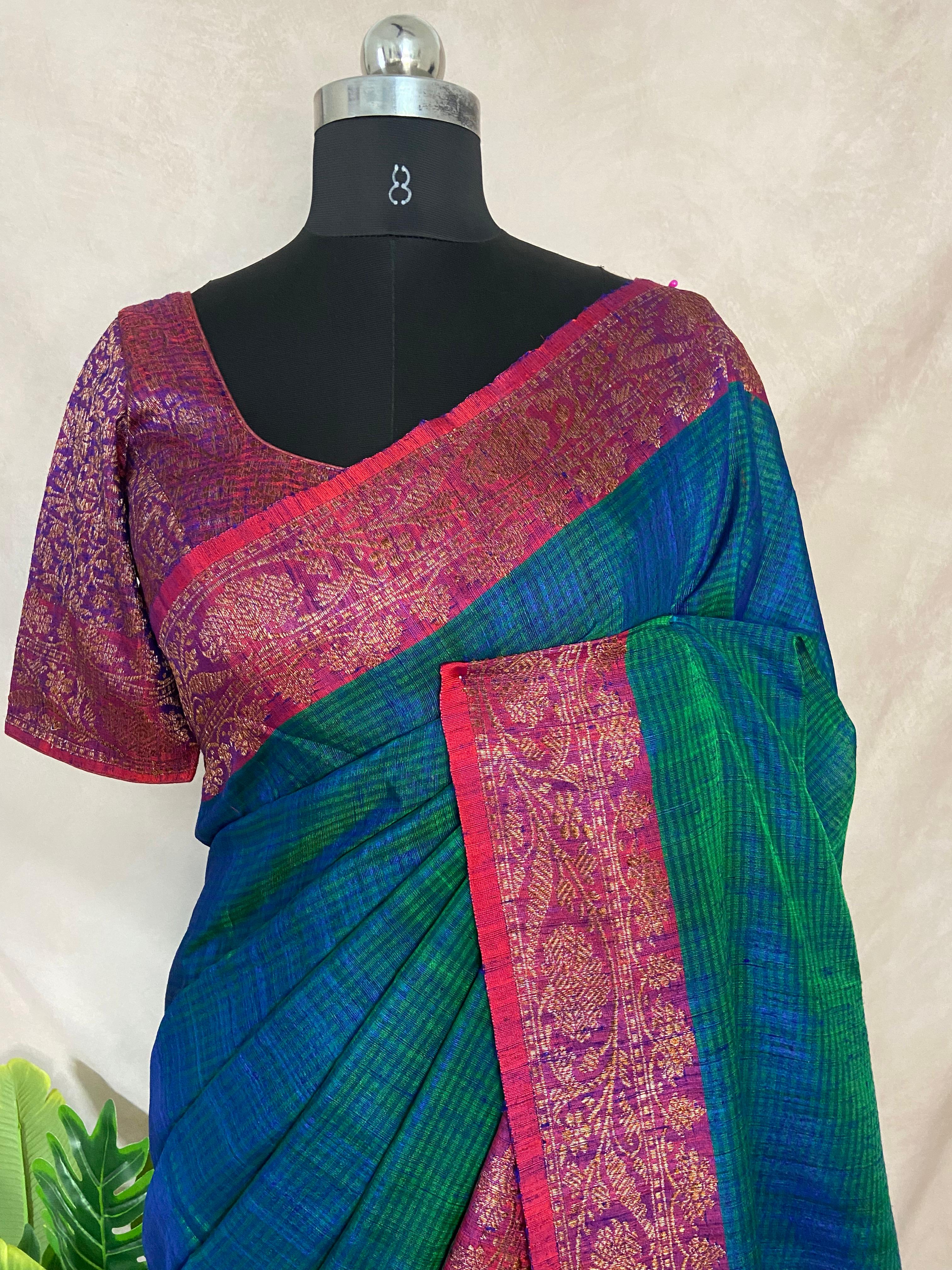Green and blue double shared pure dupion silk saree with stitched blouse