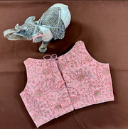 Peach semi silk sleeveless blouse with emroidery