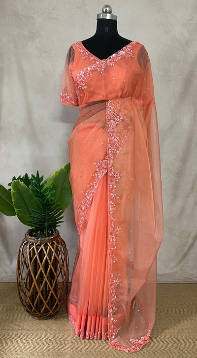 Soft Organza peach color saree with sequins work and stitched blouse
