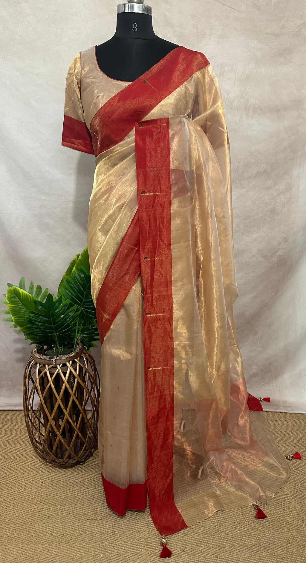 Tissue Chanderi handloom saree with red border and muniya weave, stitched blouse