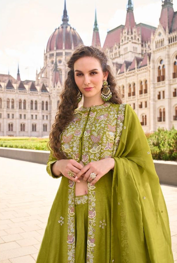 Light green long top with flared pallazo