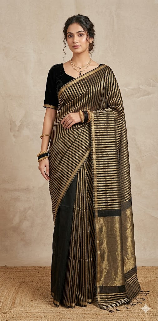 Maheshwari tissue silk saree with stripe and stitched blouse