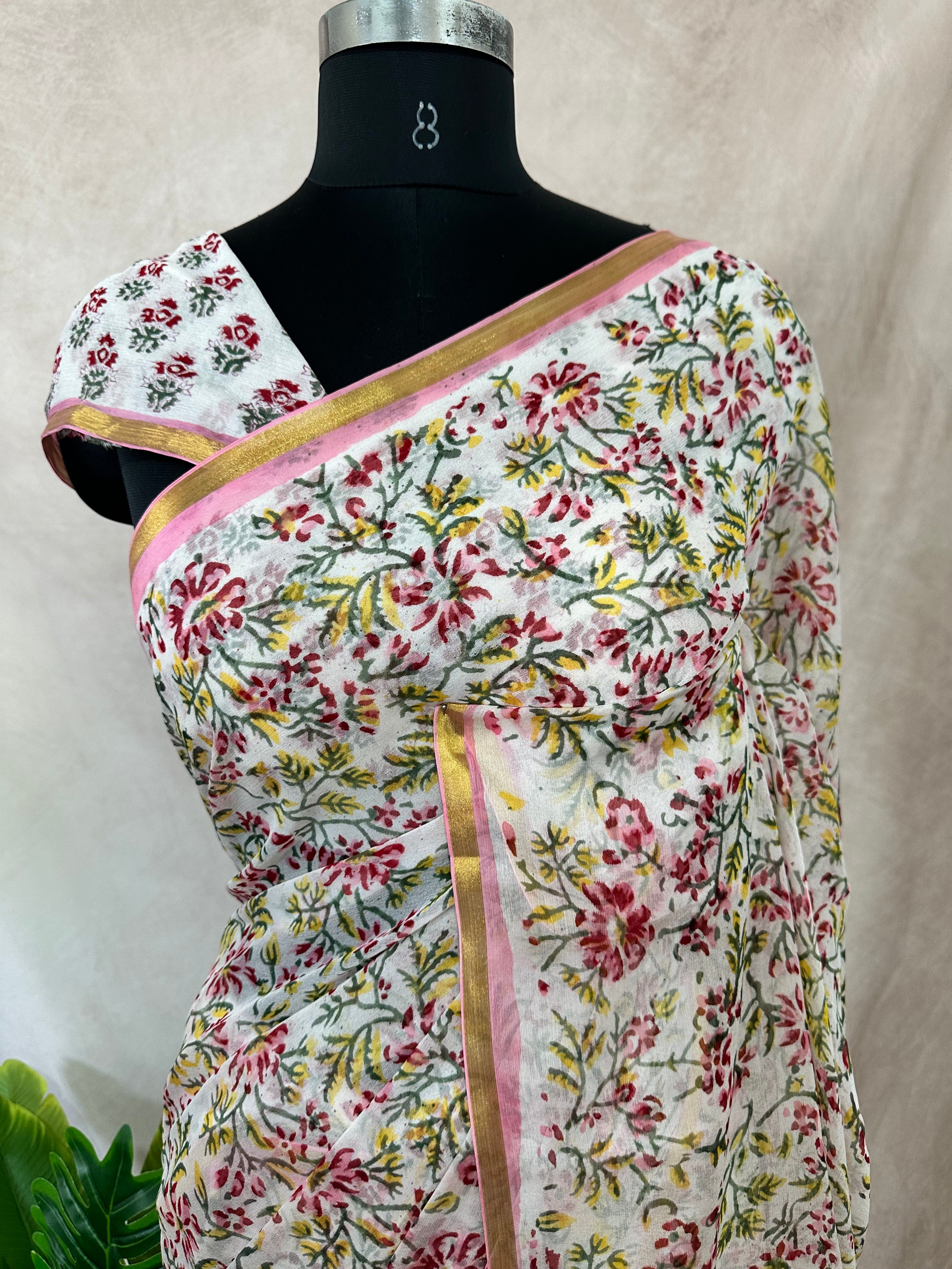 Premium handblock printed Pure Chiffon saree , with BP
