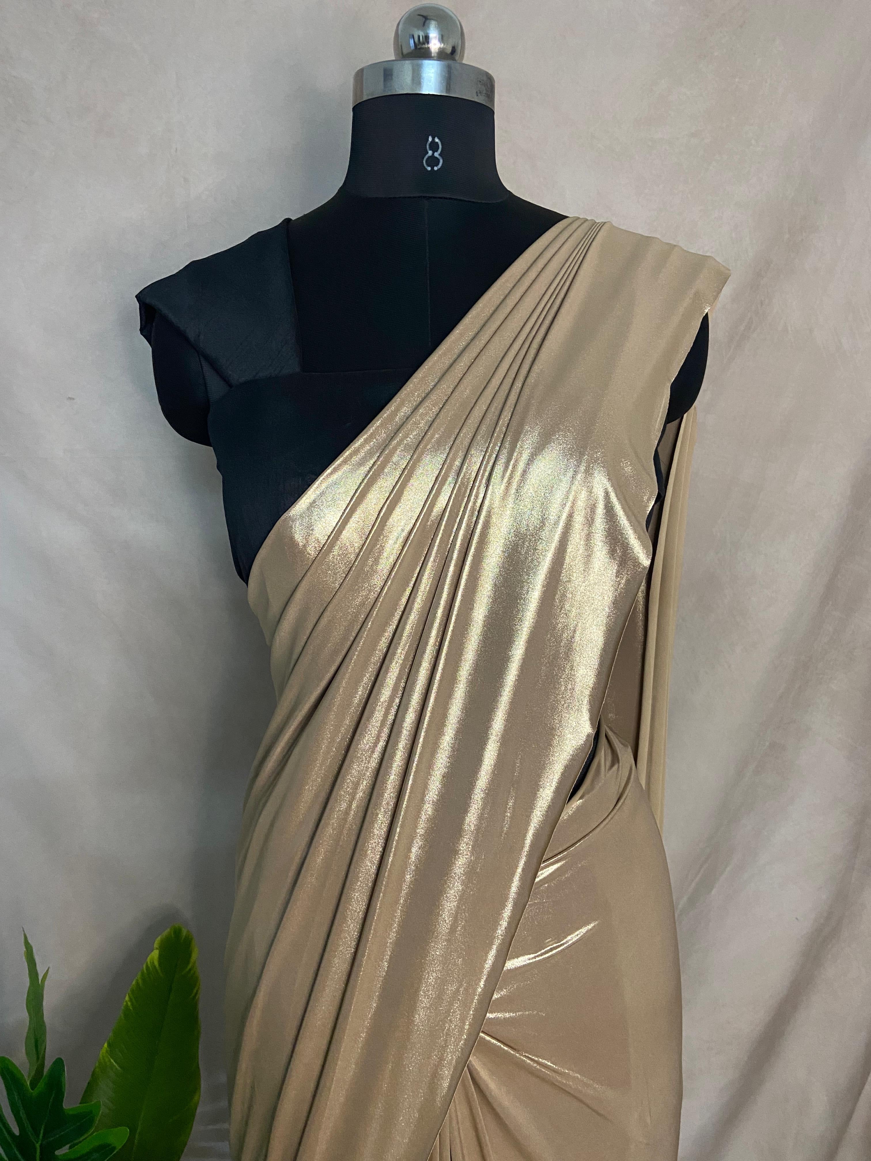 Ready made pre pleated Gold lycra ready to wear saree