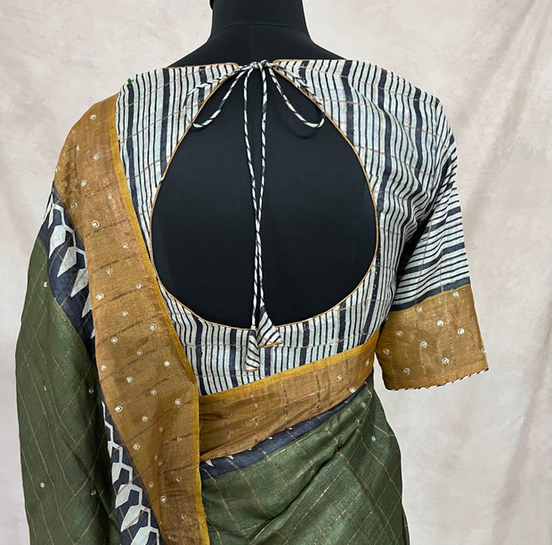 Pure Tussar silk saree with hand work and stitched blouse