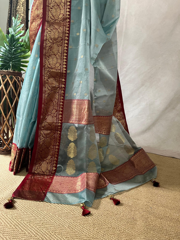 Pastel blue chanderi silk saree with stitched blouse