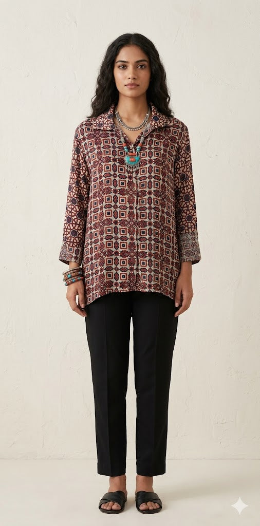 Pure Modal silk shirt with hand block print