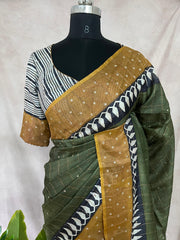 Pure Tussar silk saree with hand work and stitched blouse