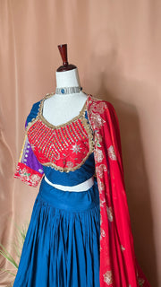Blue and multicolored patch work lehanga set