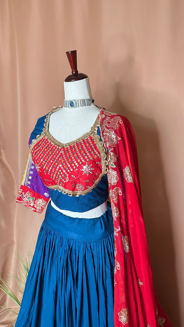 Blue and multicolored patch work lehanga set