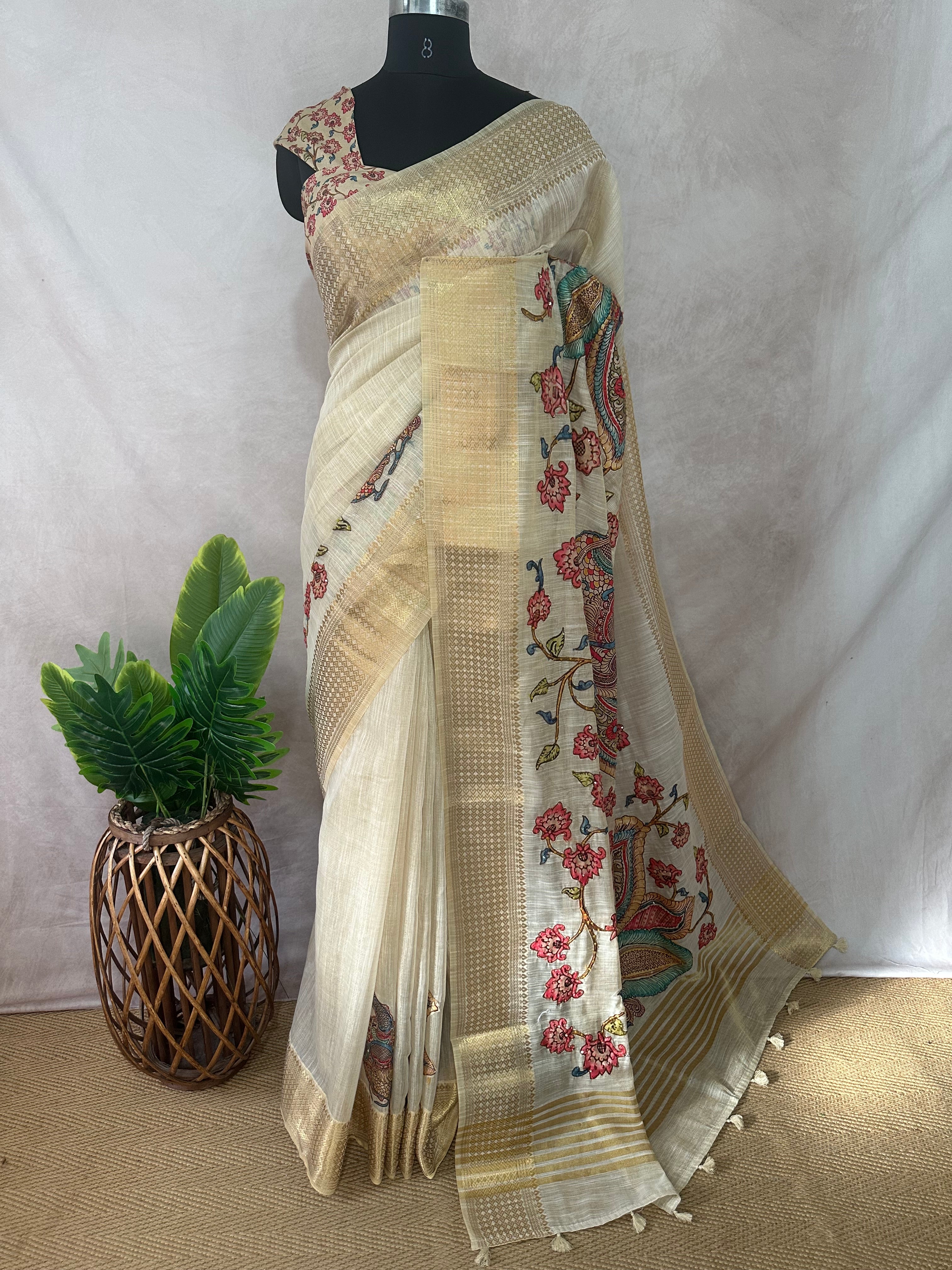 Tissue linen saree with kalamkari patch work , with BP