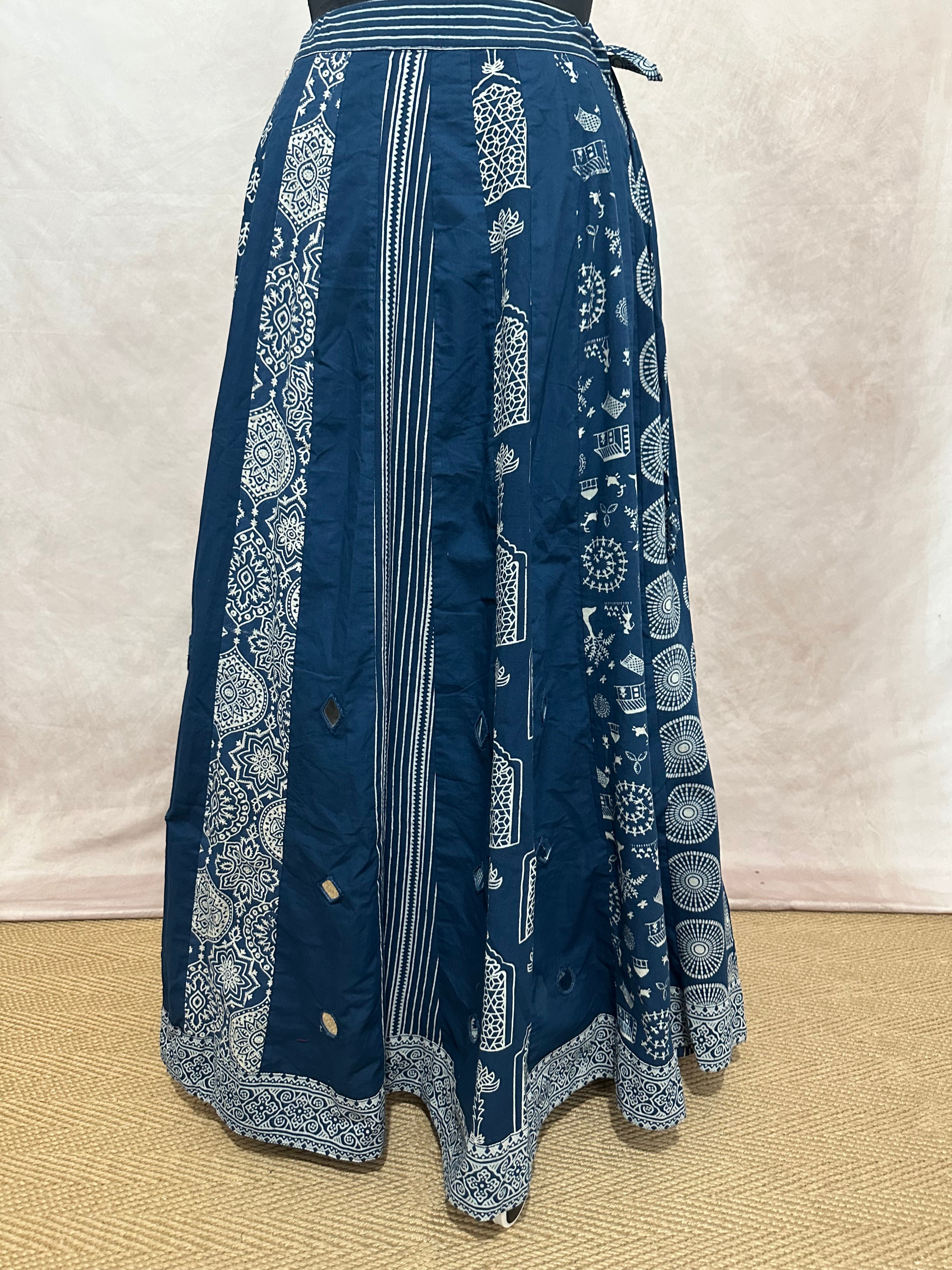 Indigo blue cotton skirt with mirror work  - fits up to 36inch waist