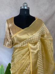 Yellow Tissue Kotta silk saree with mirror and chikankari work, with stitched blouse