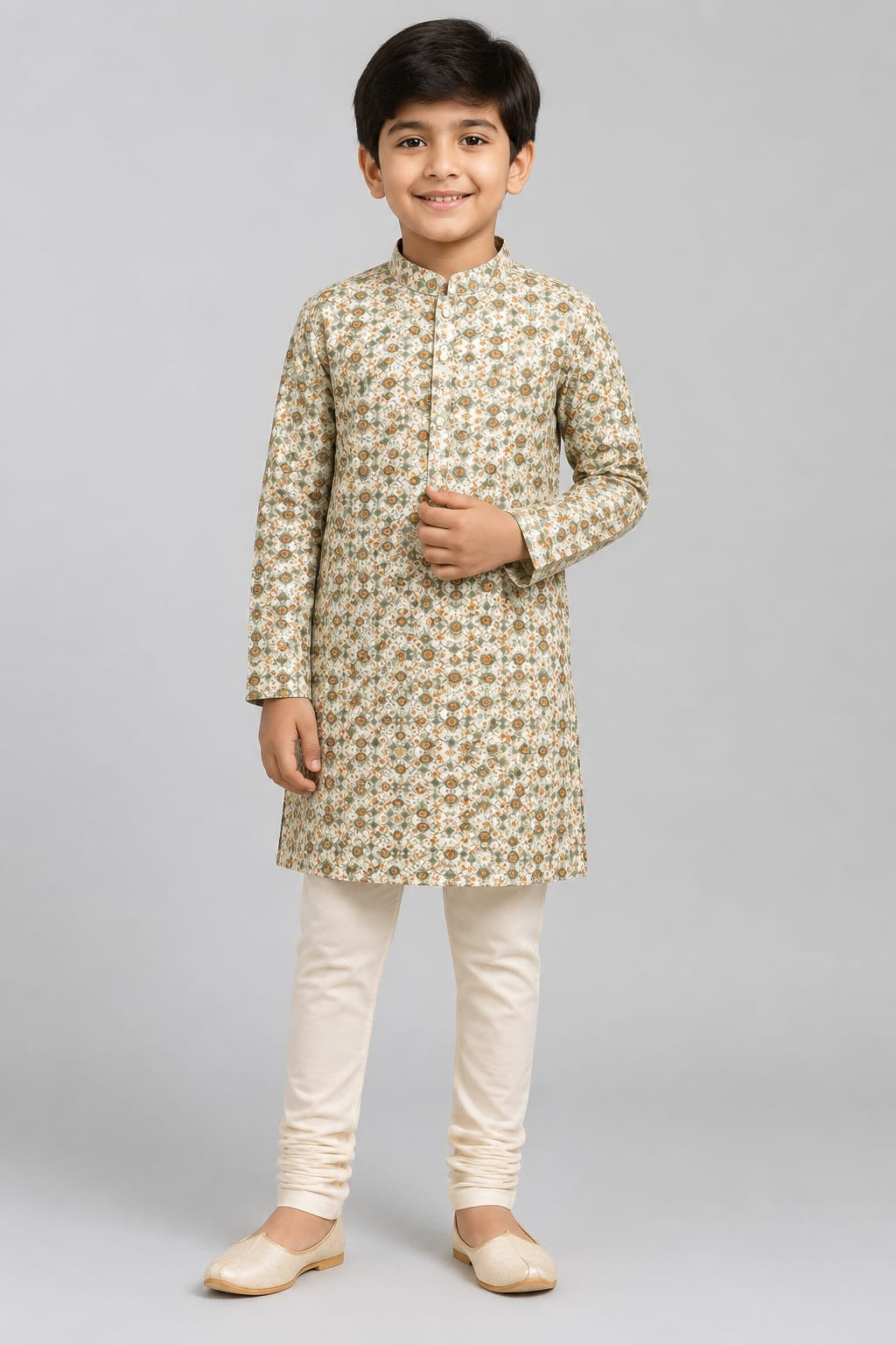 Printed cotton boys kurta with pants