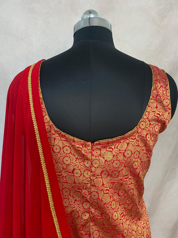 Red Banarsi brocade silk short kuti with flared palazzo