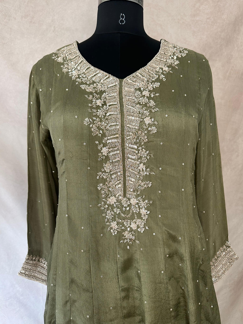 Olive green crepe anarkali with bottom and dupatta