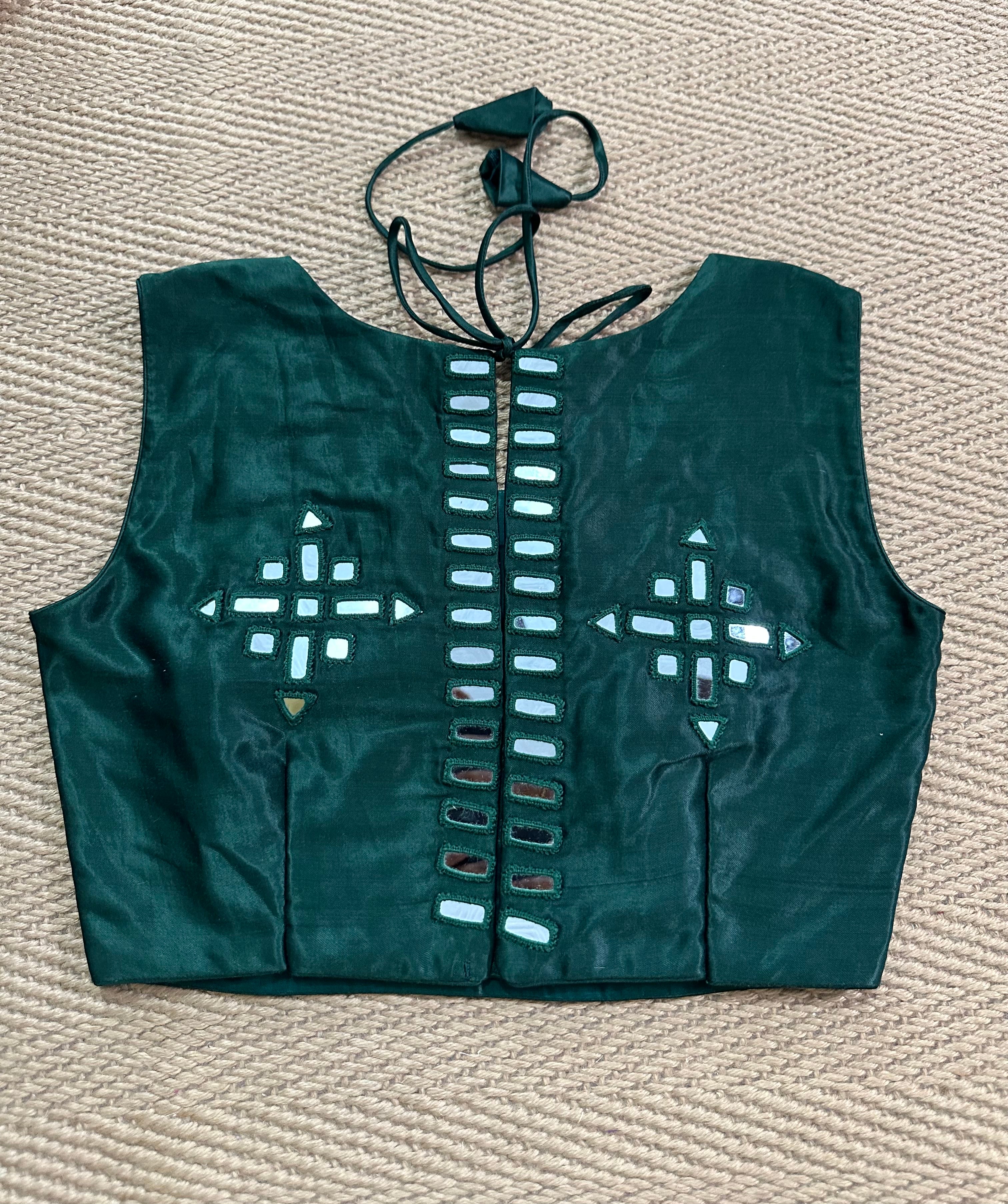 Green modal silk blouse with mirror work