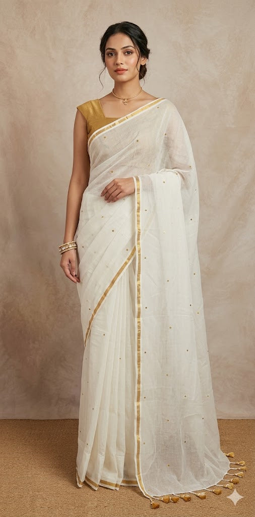 Pure mulcotton saree with sequins
