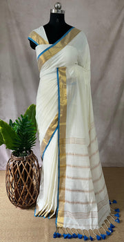 Mulcotton saree with blue and gold border