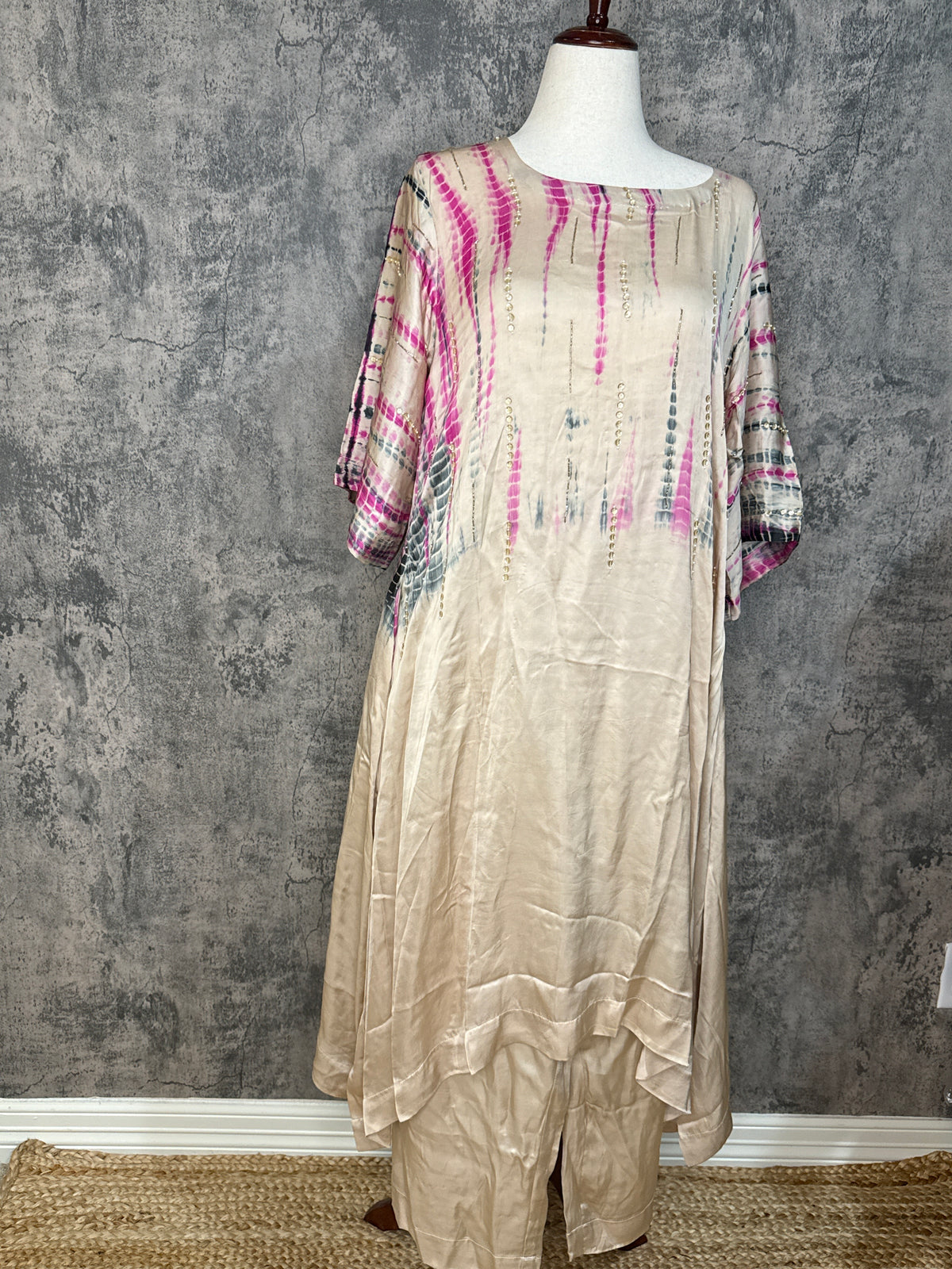 Modal silk shibori designer kurti with handwork and bottom