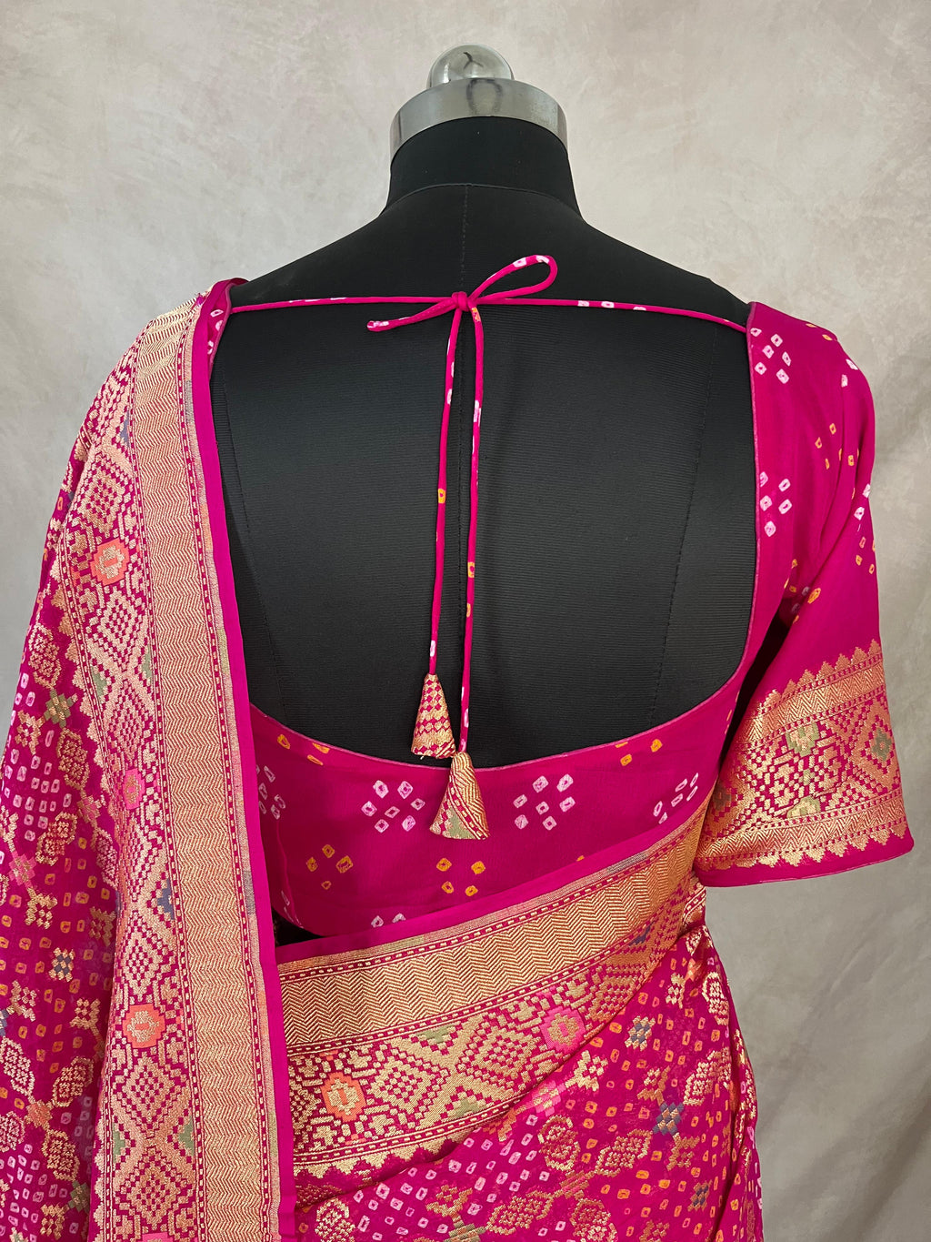 Pure Georgette banarasi sari with rai bandhani, stitched blouse