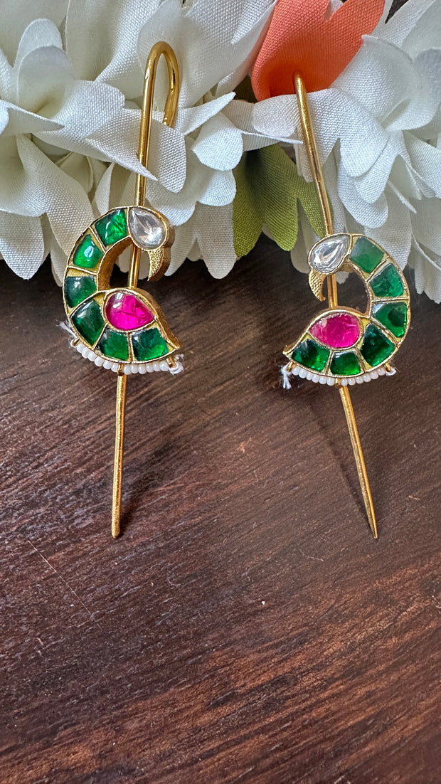 Green and red color kundan stone ear pin/cuff