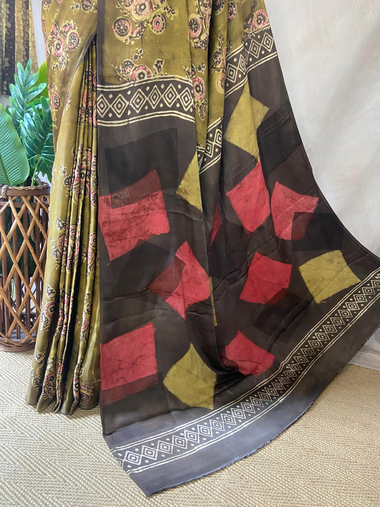 Nashpal Tussar by modal silk saree with hand block print with natural dye, with BP