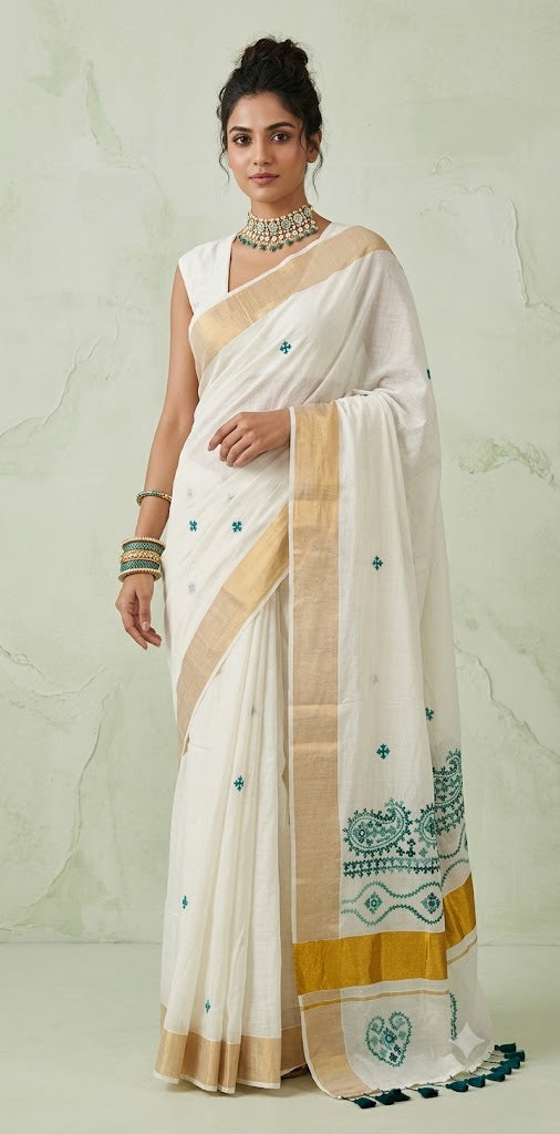Set saree with gujrati hand work (Kutch work)
