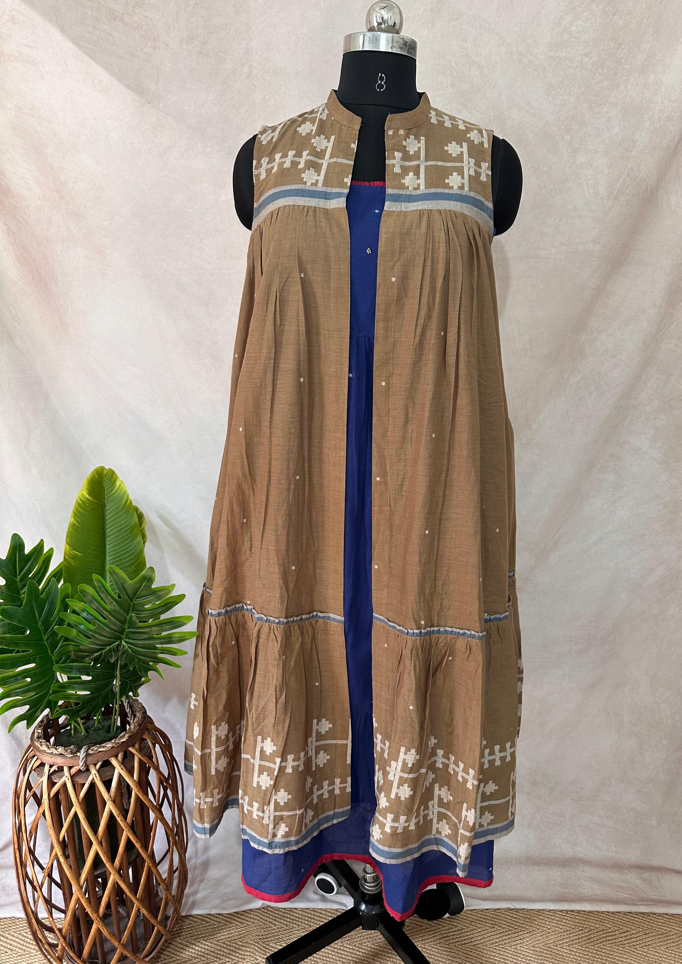 Blue pure Cotton jamdani dress with long shrugg