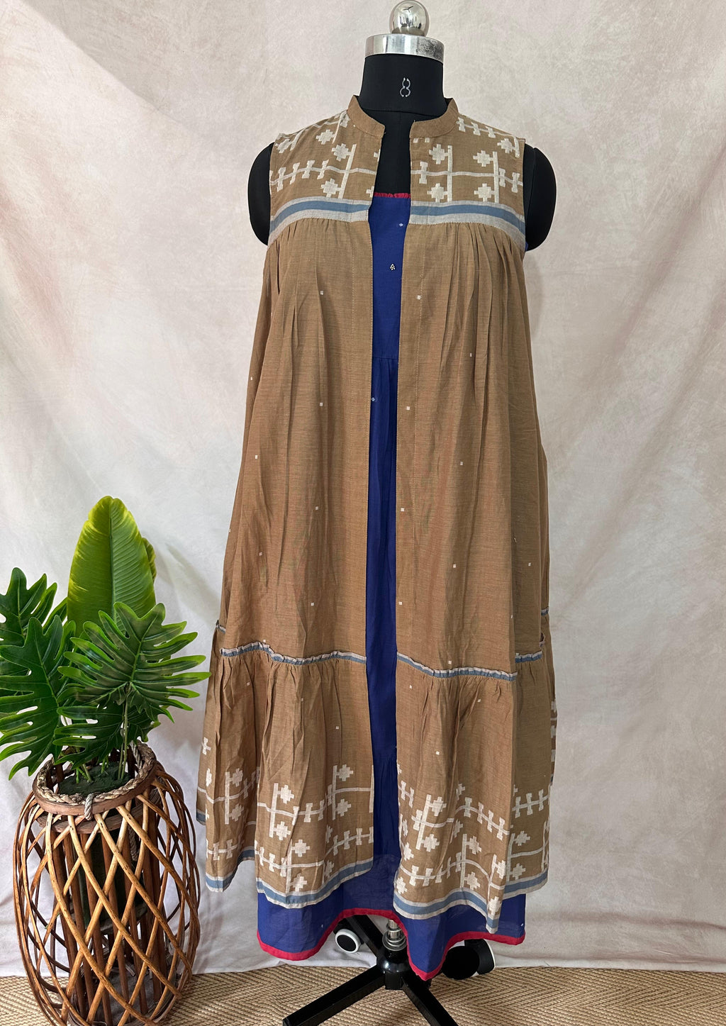 Blue pure cotton jamdani dress with long shrugg