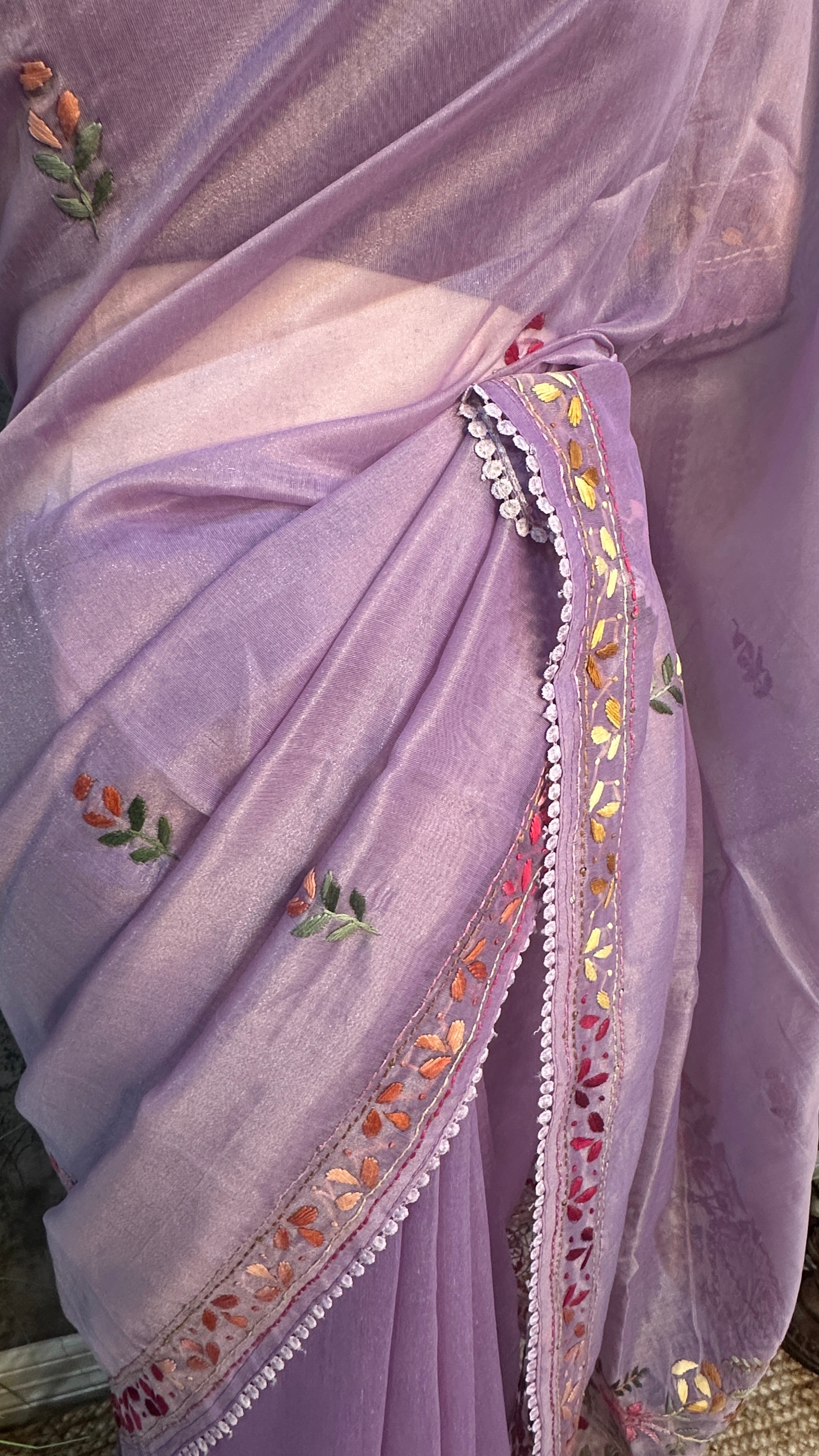Tissue cotton saree with handwork and stitched blouse